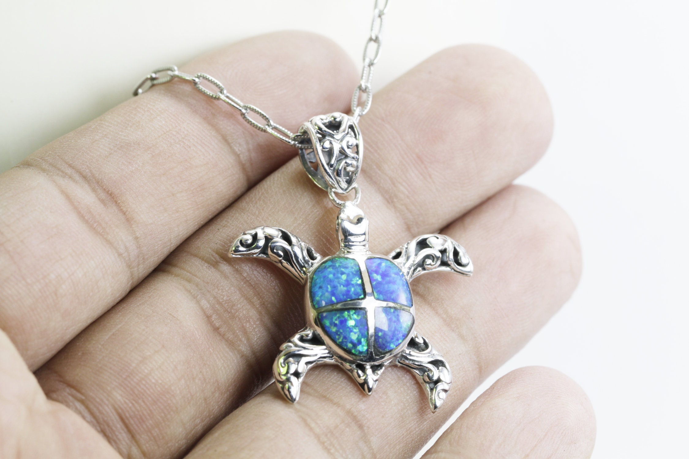 Collana Tartaruga In Argento 925 Con Opale, Design Onde Dell'oceano, Regalo Per Donna
