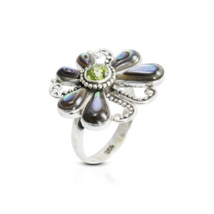 anello farfalla in argento sterling 925 con peridoto verde naturale e conchiglia di abalone