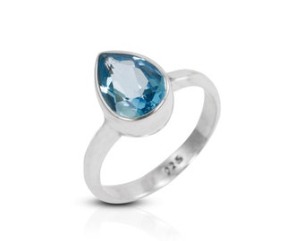 tear drop Blue topaz ring 925 sterling silver handmade bezel set