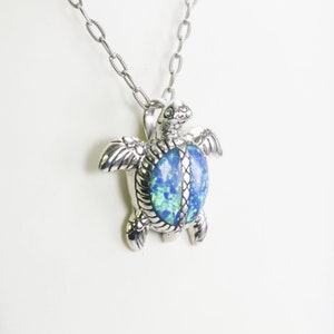 silver turtle pendant necklace 925 sterling silver decorated with created opal