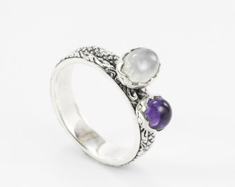 Two stone ring 925 sterling silver moonstone and amethyst, stackable ring filigree
