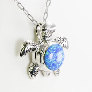 silver turtle pendant necklace 925 sterling silver decorated with created opal