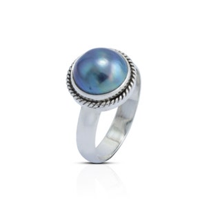 Runder blauer Mabe Perlen Ring 925 Sterling Silber mit Zopfmuster verziert