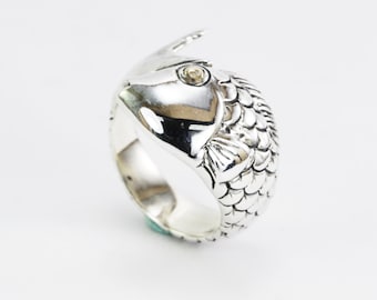 Fish ring 925 sterling silver decorated 18K real gold, animal ring