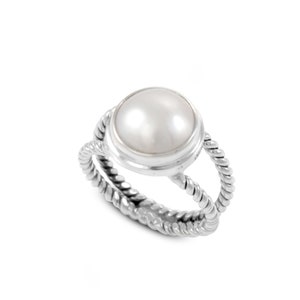Zopfring Design in 925 Sterling Silber mit echter weißer Pacific Ocean Perle, 10 MM weißer Perlring,