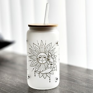 Sun and Moon Dreamy Frosted Glass Can Tumbler 16oz with Glass Straw and Bamboo Lid