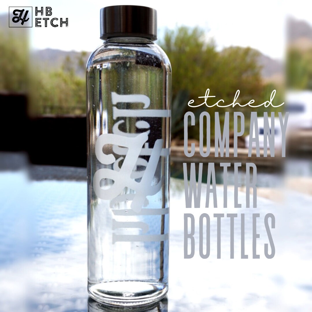 Your Business Etched Glass Water Bottles Stainless Steel Lid Etsy