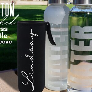 Custom Etched/Engraved Glass Bottles 18oz for Water with Stainless Steel Lid, Juice, Tea, Iced Coffee, Personalized Text or Name, Modern