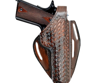 Leather Pancake Holster Fits Colt 45 Model 1911 Moreover Fits The Kimber Ruger Springfield RIA ATI M1911, Thumb Break