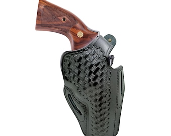 Leather Thumb Break Holster: Colt Python, Handmade Basket Weave