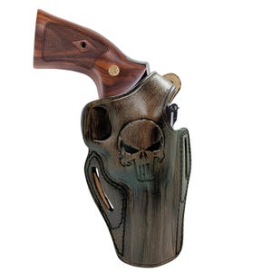 Colt Police Positive Revolver Holster | Genuine Leather Pancake Style | Right or Left Hand | Handmade Punisher Skull Defense | Thumb Break