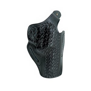 Op de afbeelding: Zwarte leren holster met een mandweefpatroon. De holster heeft een gevormd ontwerp met stiksels langs de randen en een drukknoopsluiting. Ontworpen om op de heup te worden gedragen.