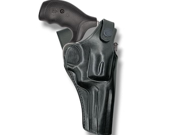 Leather Belt Tunnel Field Holster: Colt Python Revolver, Handmade Brown or Black, Thumb Break