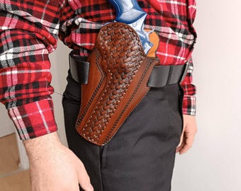 Leather Pancake Holster: Colt Python Revolver, Quick Draw, Handmade Basket Weave
