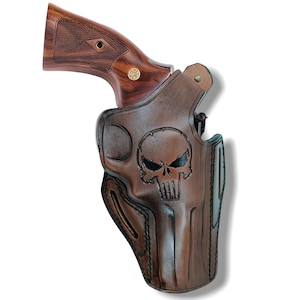 Colt King Cobra Revolver OWB Holster | Genuine Leather Pancake Style | Right or Left Hand | Handmade Thumb Break Punisher Skull Defense