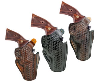 Smith en Wesson model 386 - 396 - 586 - 686 - 986 holster | Handgemaakt vlechtwerk | Rechter- of linkerhand | Duimonderbreking | Echt leer