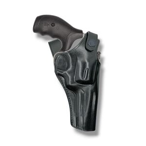 May include: A black leather holster with a black revolver. The holster is molded to the shape of the gun and features a snap closure. The revolver has a black grip.