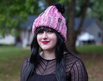 Handmade Chunky Crochet Beanie: Pink Gray Silver Pom Pom Hat