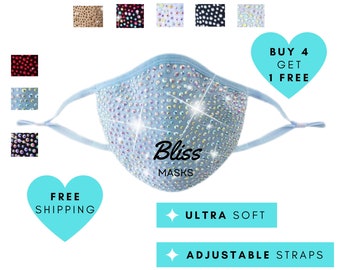 BABY BLUE Rhinestone Face Mask Bling Face Mask with Adjustable Ear Straps, Swarovski Bedazzled Crystal Mask, Ultra Soft Mask, Handmade Mask