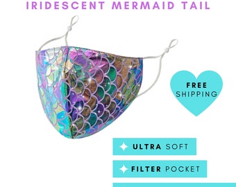 Holographic Iridescent Mermaid Tail Face Mask with Adjustable Ear Straps, Filter Pocket, SUPERIOR quality, Ultra Soft Mask, Handmade Mask