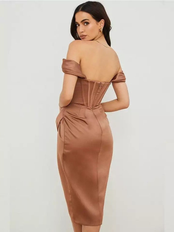  Women Sexy Satin Corset Bodycon Midi Dress Silky