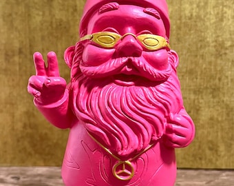 Garden Gnome Hippie Love & Peace, hand-painted and weatherproof, resin, decorative figure, Garden Gnome - Pink / Gold