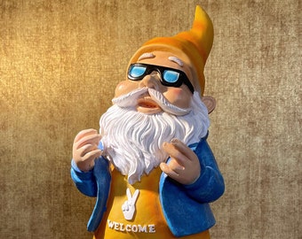 Garden gnome 40 cm with welcome greeting - orange / blue