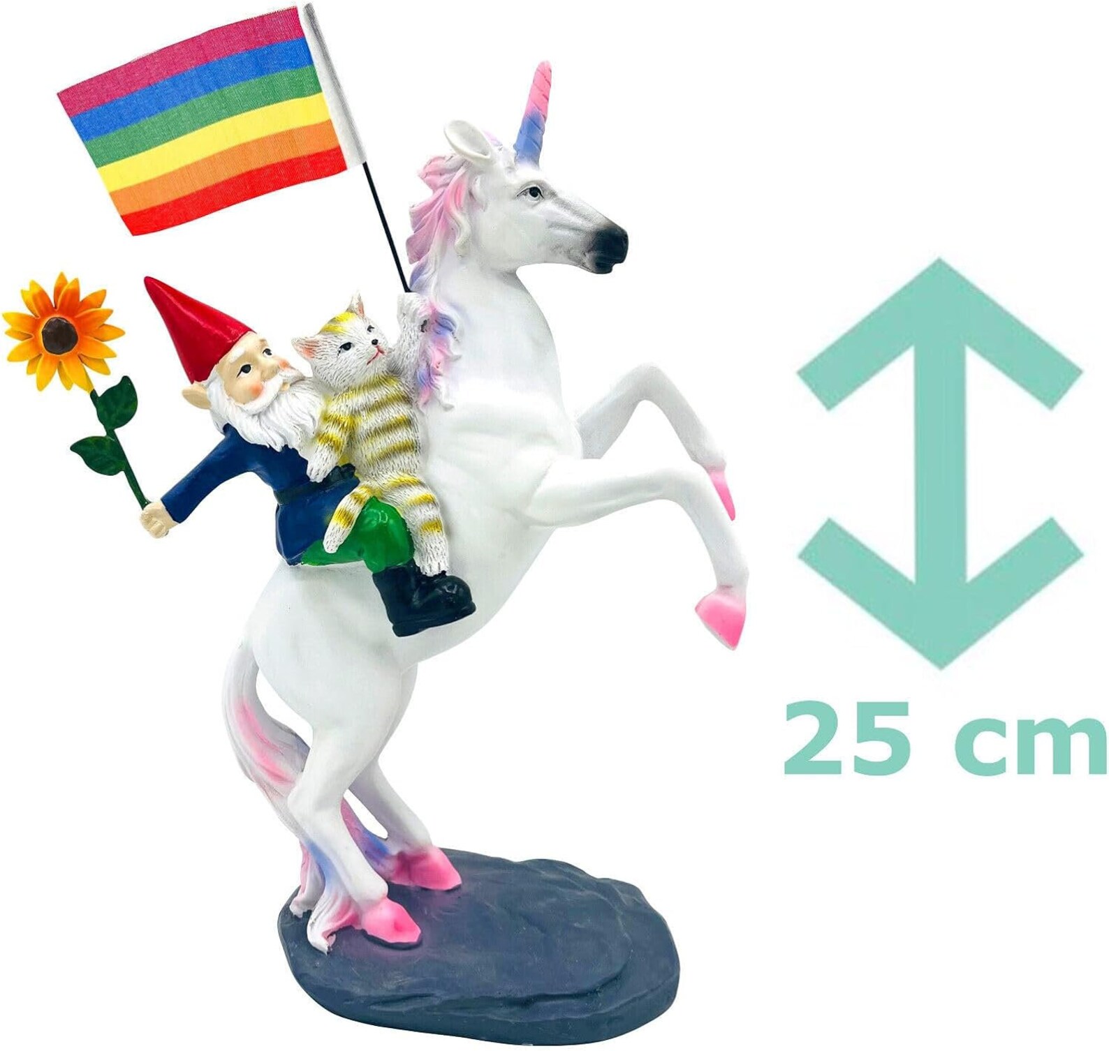 Unicorn & Garden Gnome With Rainbow Flag, Cat and Sunflower, Hand