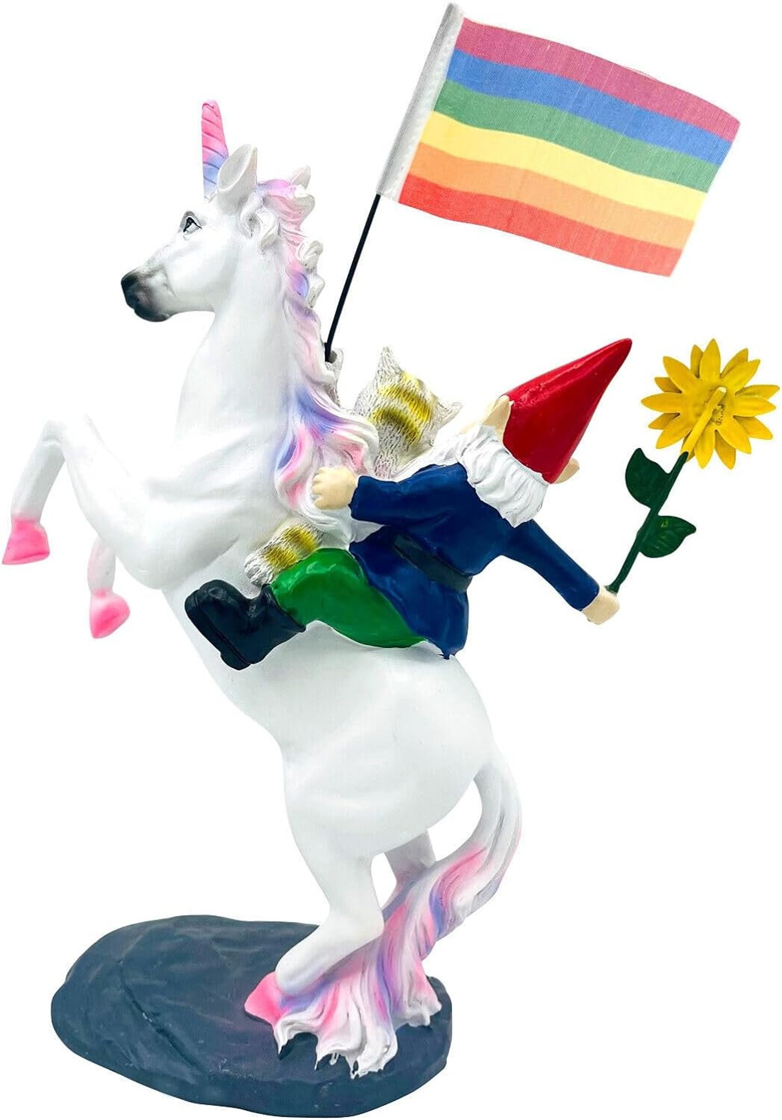 Unicorn & Garden Gnome With Rainbow Flag, Cat and Sunflower, Hand