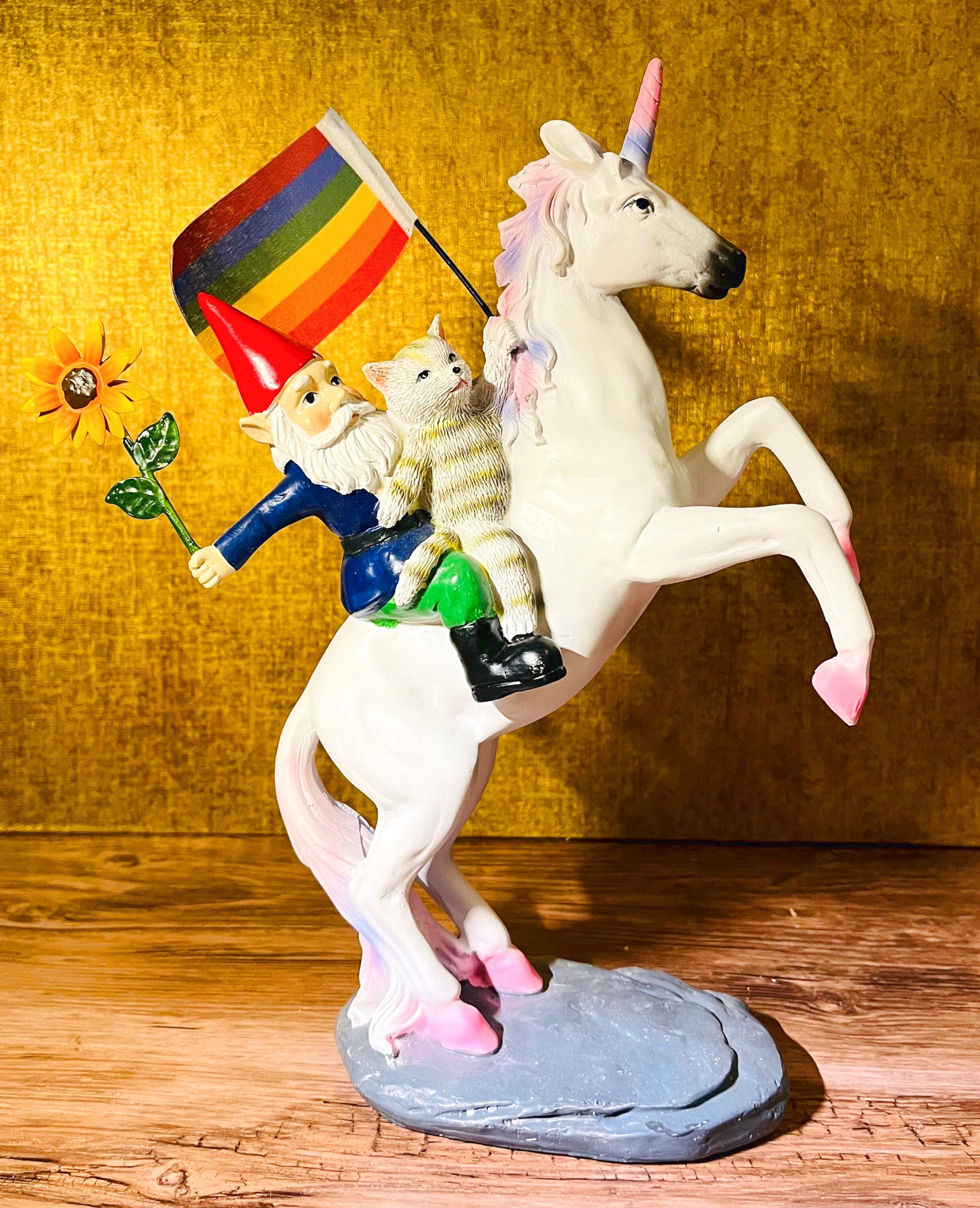 Unicorn & garden gnome with rainbow flag, cat and sunflower, hand-painted and weatherproof made of synthetic resin