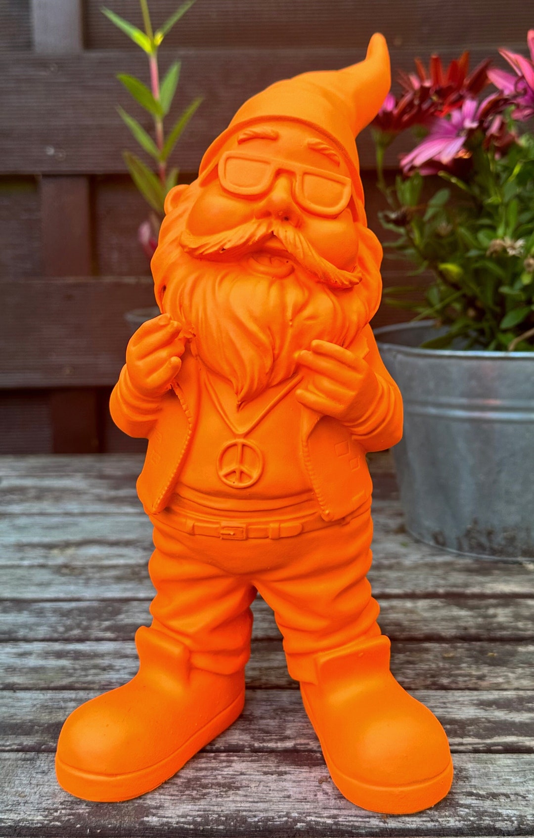 Garden Gnome Rocker With Peace Chain, Neon Orange, Handpainted and