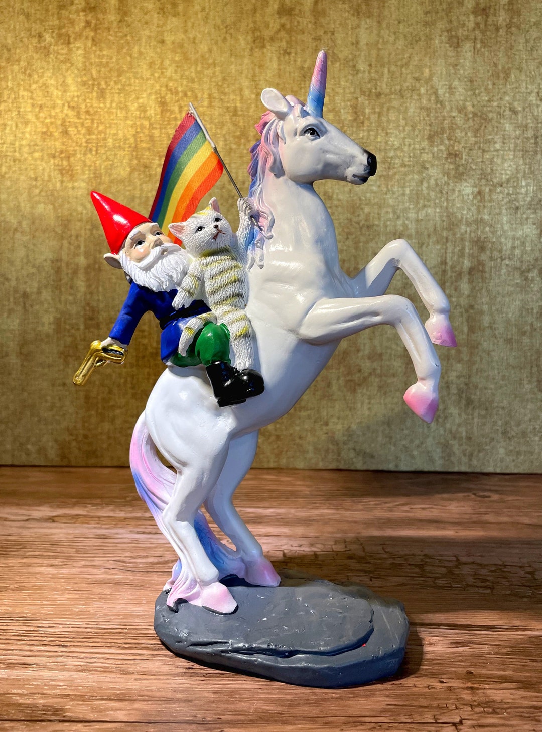 Unicorn & Garden Gnome With Rainbow Flag and Cat Hand Painted Etsy