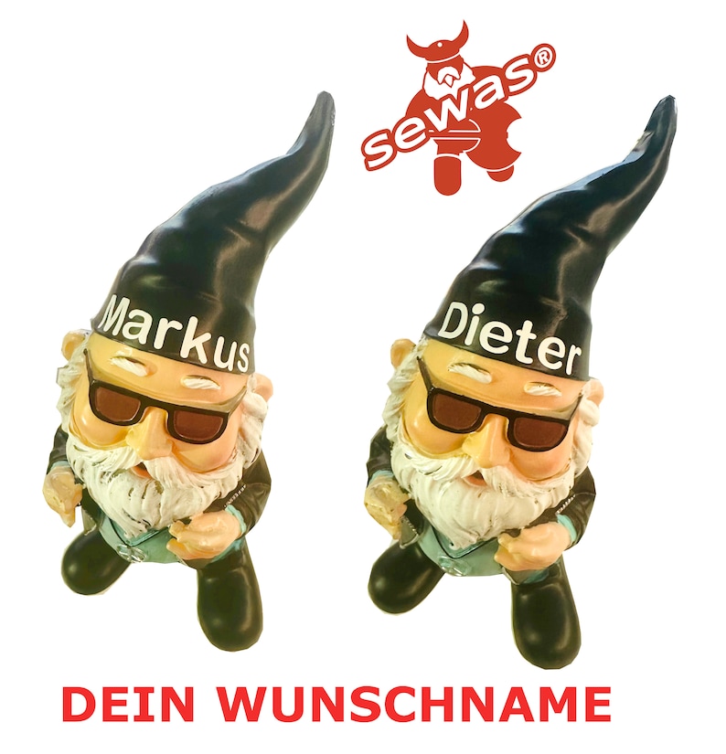 Peut inclure: Deux nains de jardin noirs et blancs portant des lunettes de soleil et des vestes en cuir. Les nains ont des barbes blanches et tiennent un petit objet dans leurs mains. Les nains portent des chapeaux qui disent "Markus" et "Dieter".