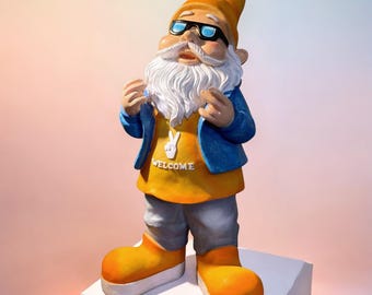 Gartenzwerg 40 cm mit Welcome Gruß - Orange / Blau