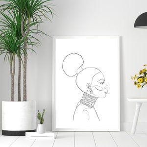 Minimalist Black Woman Line Drawing, Afro Puff Line Drawing Printable, Line Art Portrait, Digital Download