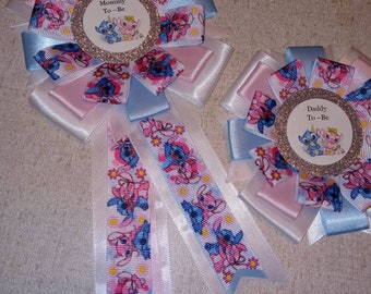 Stitch y Angel Gender Reveal Mommy and Daddy Corsages, Gender Reveal Corsages, Lilo y Stitch, Bebé Género Revelar Chupetes Favores de Invitados