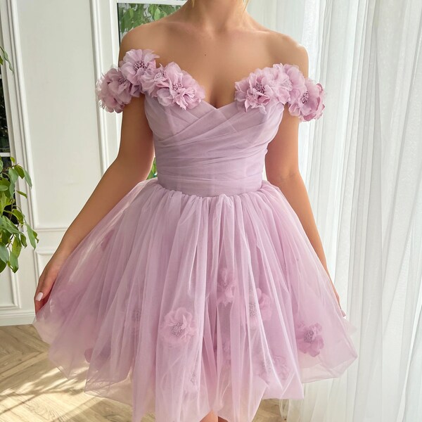 Purple Iris Floral Off-Shoulder Miini Dress