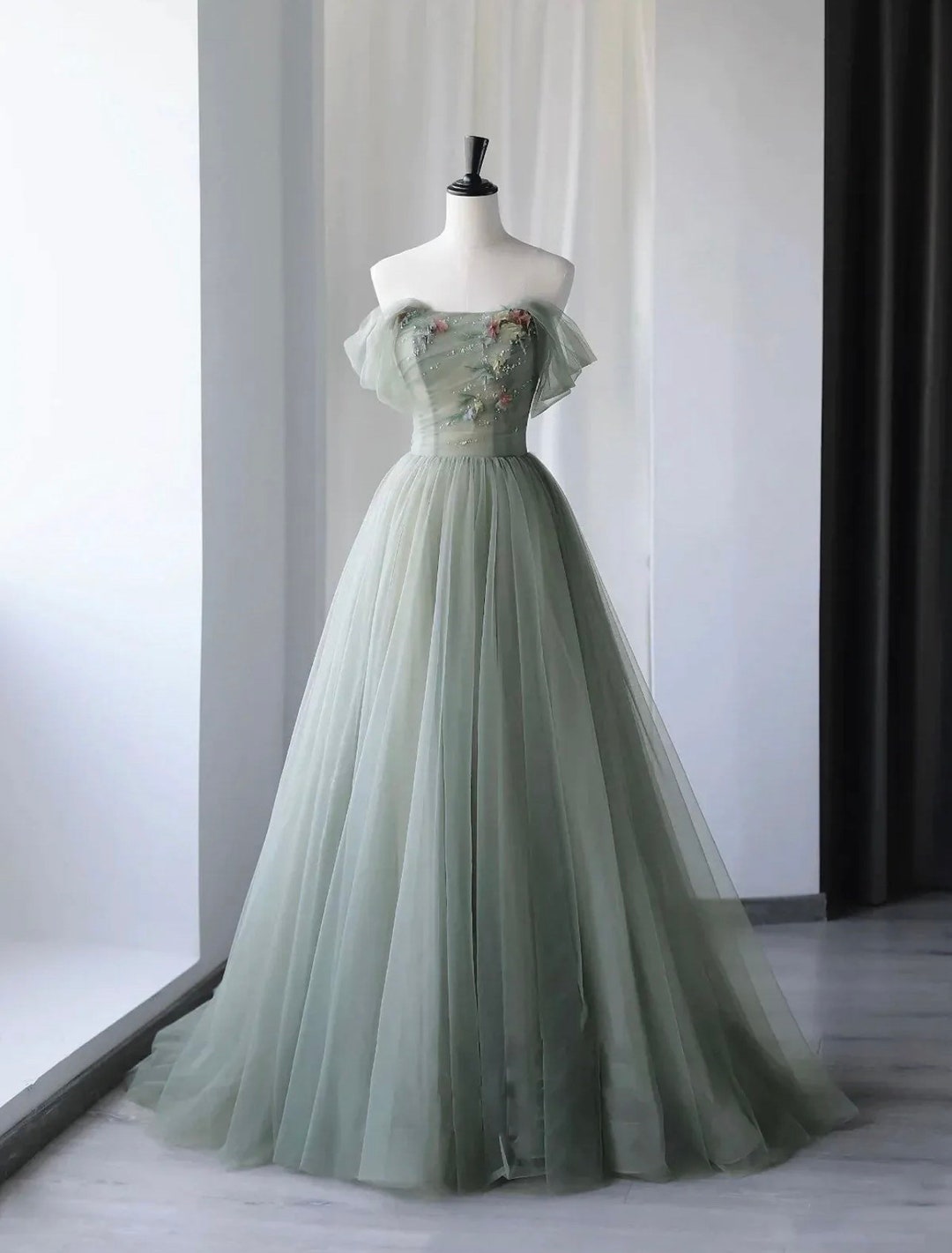 Sage Green A-line Tulle Evening Dress 3D Flower Appliques - Etsy
