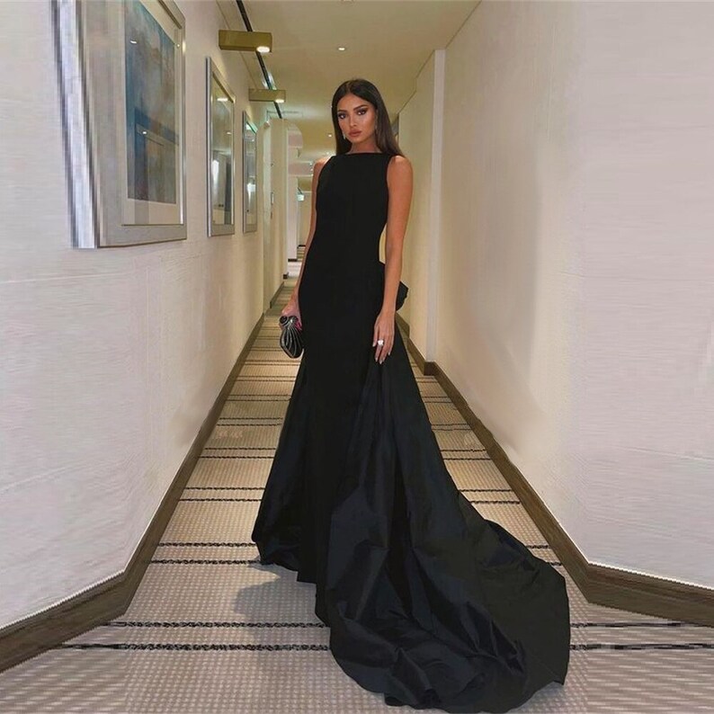 Minimalist Long Black Evening Dress Bow Back Evening Gown Etsy