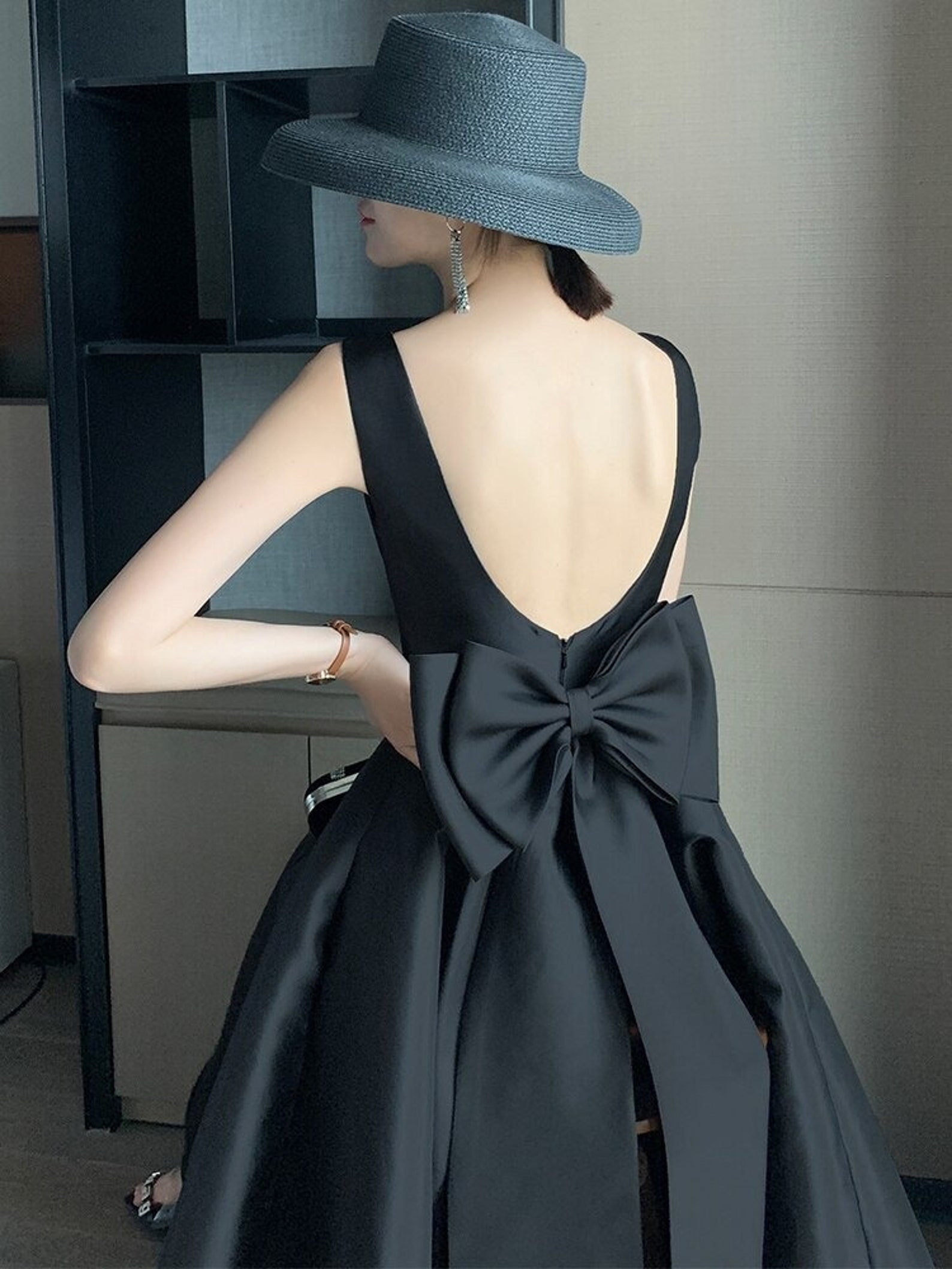 Minimalist Black Evening Dress Bow Back Evening Gown Etsy