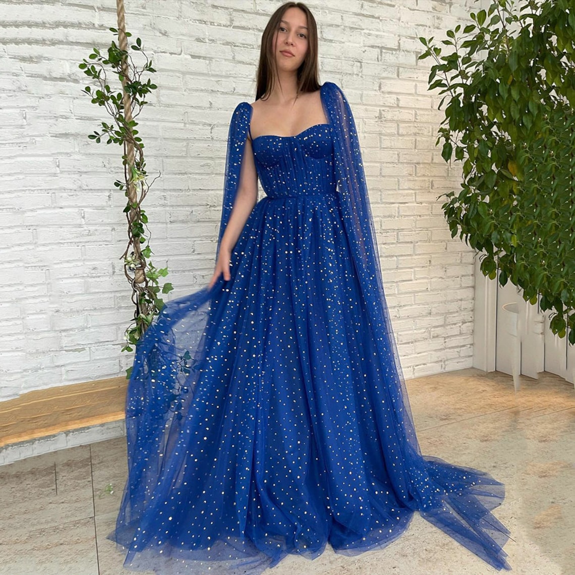 Royal Blue Sparkling Tulle Prom Dress Sweetheart Long Cape image 1