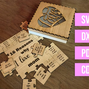 3mm Laser cut file - 16 Reasons I love Mom / Mum Puzzle with box