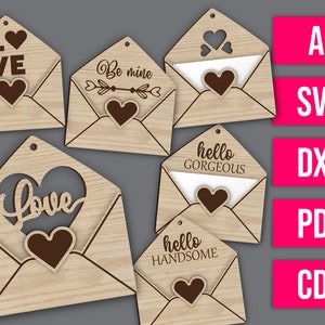 Laser cut digital file - Set of 5 Cute Valentines gift tags / Envelopes