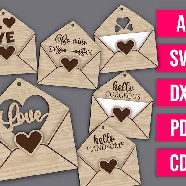 Laser cut digital file - Set of 5 Cute Valentines gift tags / Envelopes