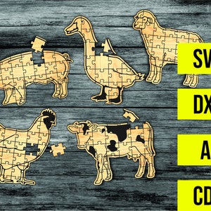 Peut inclure: Un ensemble de cinq modèles de puzzle en forme d'animaux de la ferme. Les modèles comprennent un cochon, un canard, un mouton, une vache et un poulet. Chaque animal est composé de pièces de puzzle et est prêt à être découpé et assemblé.