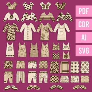 May include: A collection of wooden clothing cutouts, including tops, dresses, shorts, skirts, and shoes. Designs feature floral, heart, star, and geometric patterns. The image also includes text: PDF, CDR, AI, SVG.