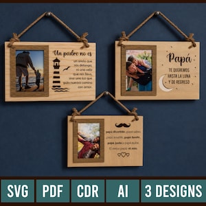 Peut inclure: Trois cadres photo en bois avec des cintres en corde. Chaque cadre contient une photo et du texte en espagnol. Le cadre supérieur gauche dit "Un padre no es" avec un graphique de phare. Le cadre supérieur droit dit "Papá" avec un graphique de lune.