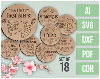 Forest Animals Baby Milestone Cards SVG Bundle - Laser Cut File for Glowforge, Lightburn, Cricut
