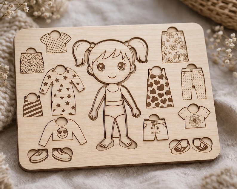 May include: Wooden puzzle showing a girl figure and clothing pieces. The puzzle includes tops, dresses, trousers, shorts, and shoes. The clothing items have patterns like stars, hearts, and floral designs. The puzzle is made of light-coloured wood.