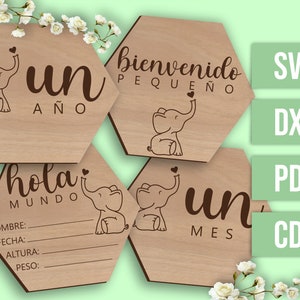Arquivo digital cortado a laser - cartões Baby Milestone do elefante espanhol